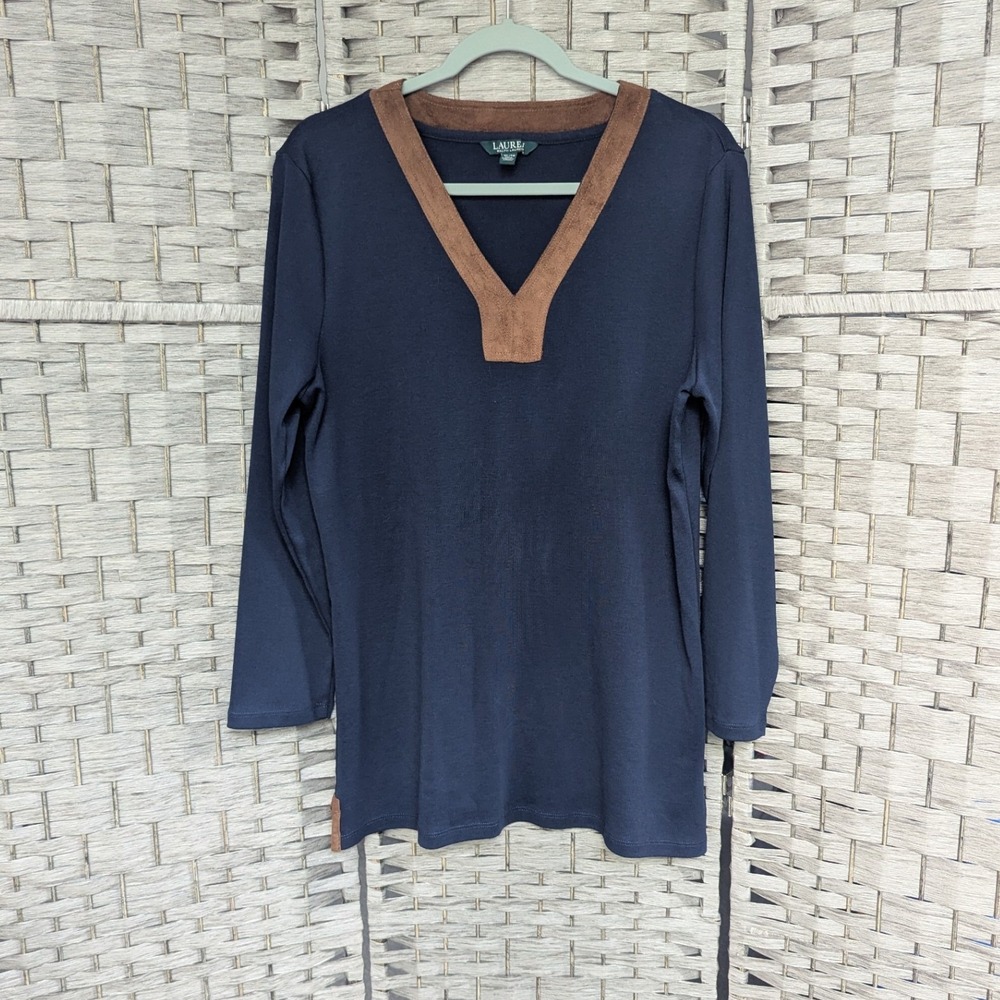 Lauren Ralph Lauren V-Neck Top Navy Blue Faux Suede Trim Sz XL Quiet Luxury